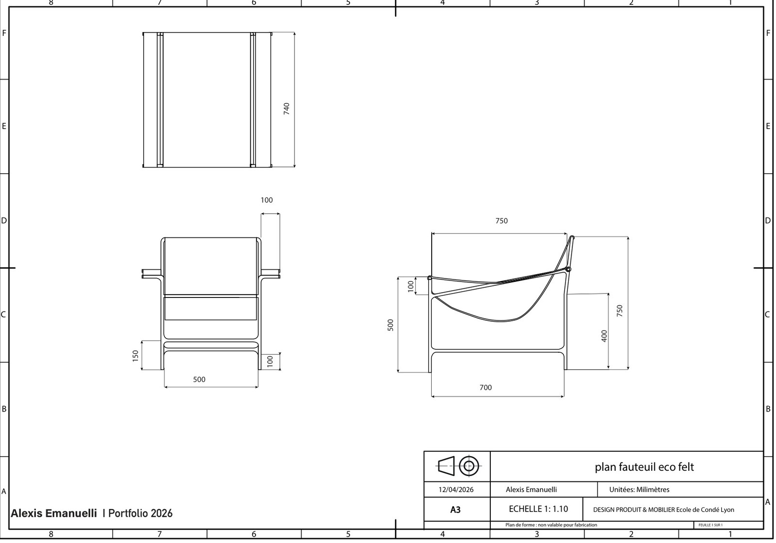 Plan technique du fauteuil, échelle 1:1.10, format A3